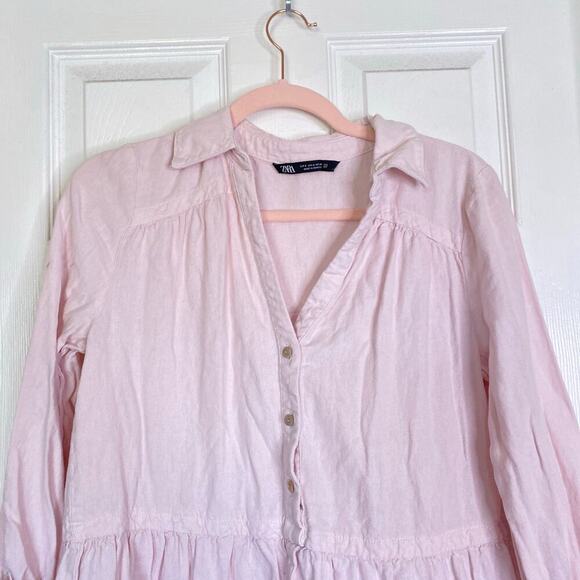 ZARA Short Tiered Shirt Dress Light Pink Long Sleeve Size Small Summer Collared - Picture 4 of 6